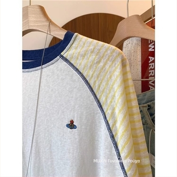 Γυναικείο XXL T‑shirt με ρίγες και πάνελ Raglan, μακριά μανίκια, ελαφρύ φθινοπωρινό βαμβακερό κέντημα με μοτίβο χιονιού, κορεατικού στυλ