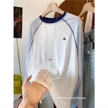 Γυναικείο XXL T‑shirt με ρίγες και πάνελ Raglan, μακριά μανίκια, ελαφρύ φθινοπωρινό βαμβακερό κέντημα με μοτίβο χιονιού, κορεατικού στυλ