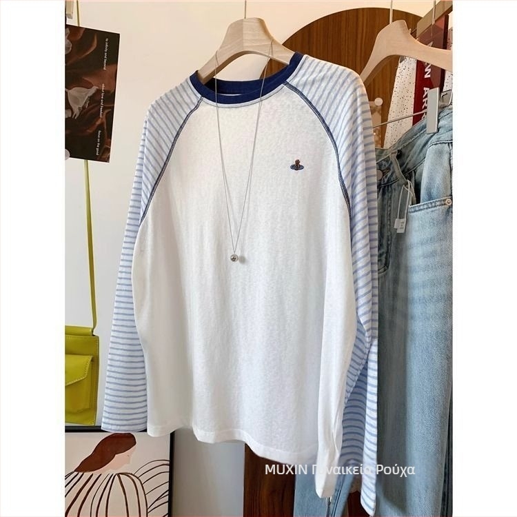 Γυναικείο XXL T‑shirt με ρίγες και πάνελ Raglan, μακριά μανίκια, ελαφρύ φθινοπωρινό βαμβακερό κέντημα με μοτίβο χιονιού, κορεατικού στυλ