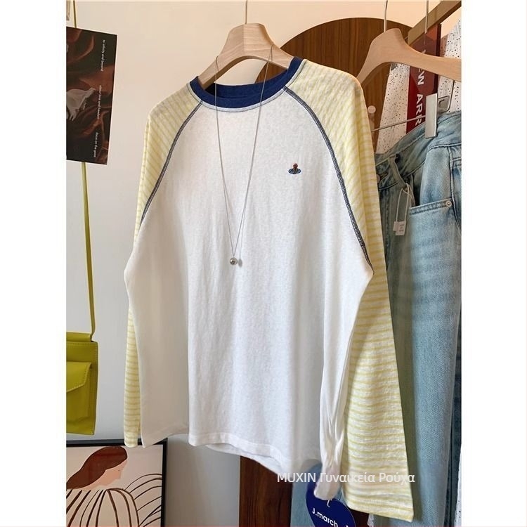 Γυναικείο XXL T‑shirt με ρίγες και πάνελ Raglan, μακριά μανίκια, ελαφρύ φθινοπωρινό βαμβακερό κέντημα με μοτίβο χιονιού, κορεατικού στυλ