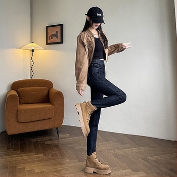 Γυναικείος Τζιν Με Ψηλή Μέση Σε Απόχρωση Denim Με Φριέντ Άκρες, Νέο Μοντέλο, Στενή Γραμμή, fleece‑lined Για Φθινοπωρο-Χειμώνα, Παντελόνι τύπου pencil