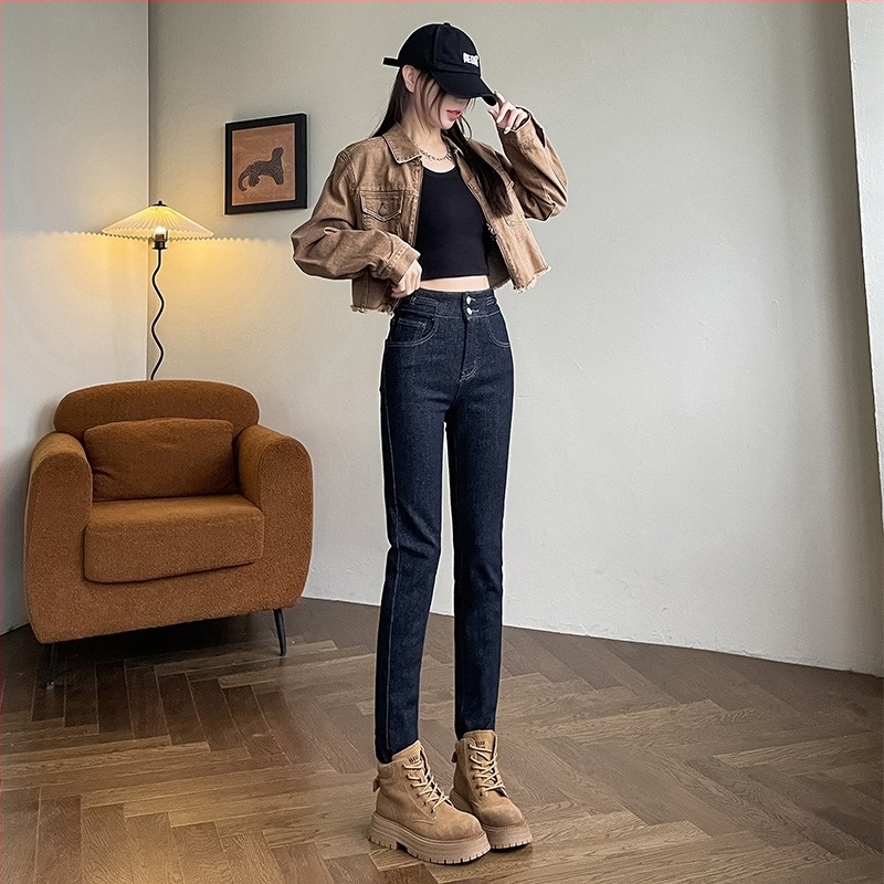 Γυναικείος Τζιν Με Ψηλή Μέση Σε Απόχρωση Denim Με Φριέντ Άκρες, Νέο Μοντέλο, Στενή Γραμμή, fleece‑lined Για Φθινοπωρο-Χειμώνα, Παντελόνι τύπου pencil