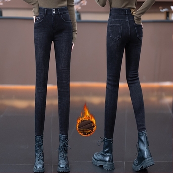 Γυναικείοι denim παντελόνες με ψηλή μέση, φθινοπωρο-χειμώνα 2024, με επένδυση φλίς, παχιές, ελαστικές, στενή εφαρμογή