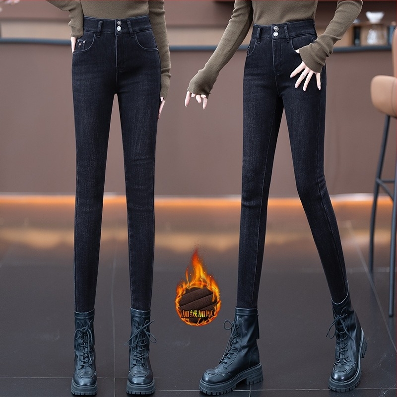 Γυναικείοι denim παντελόνες με ψηλή μέση, φθινοπωρο-χειμώνα 2024, με επένδυση φλίς, παχιές, ελαστικές, στενή εφαρμογή