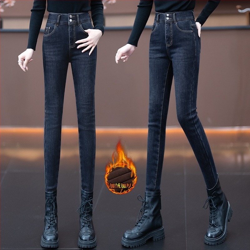 Γυναικείοι denim παντελόνες με ψηλή μέση, φθινοπωρο-χειμώνα 2024, με επένδυση φλίς, παχιές, ελαστικές, στενή εφαρμογή