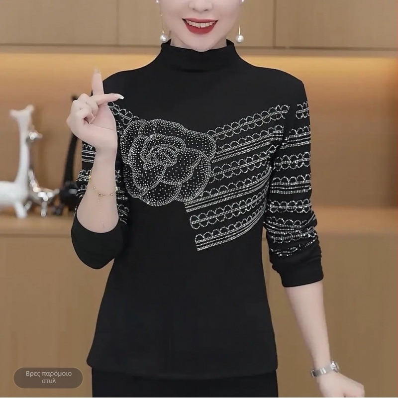 Γυναικείο τοπ σε μεγάλο μέγεθος, mock-neck με στρας, μακρυμάνικος, βασικό τοπ για φθινοπωρο-χειμώνα, εφαρμοστό και κολακευτικό