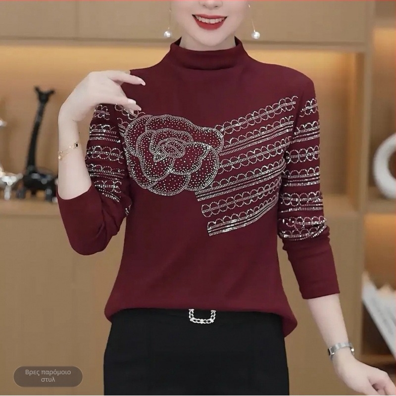 Γυναικείο τοπ σε μεγάλο μέγεθος, mock-neck με στρας, μακρυμάνικος, βασικό τοπ για φθινοπωρο-χειμώνα, εφαρμοστό και κολακευτικό
