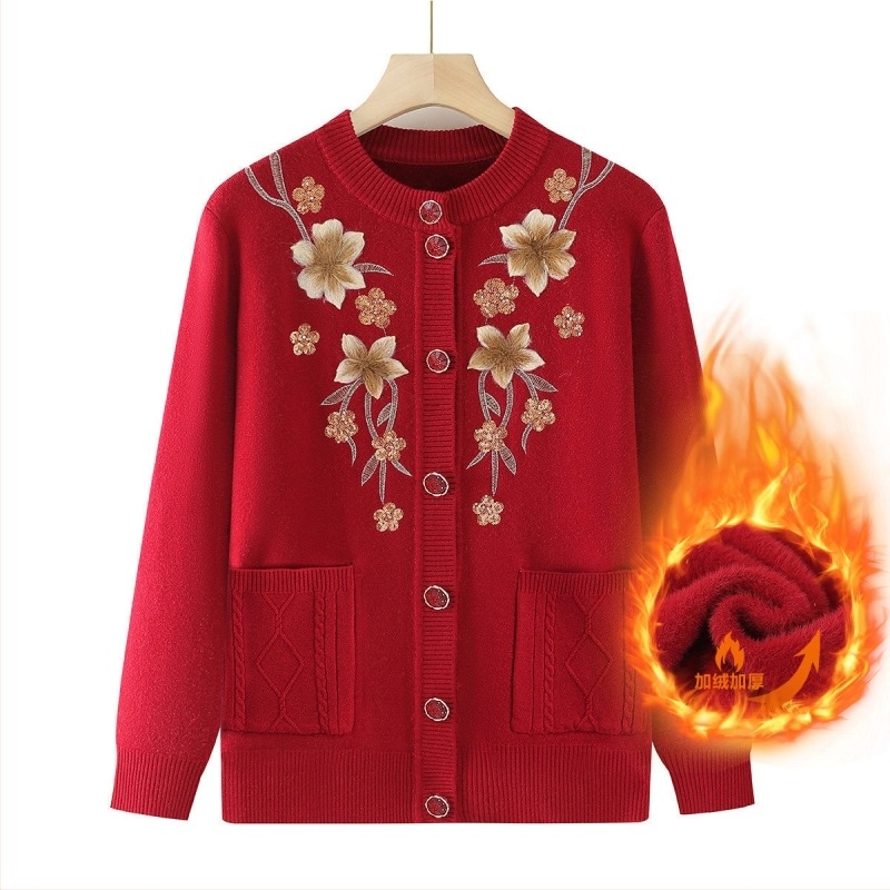 Γυναικείος cardigan με fleece επένδυση για ηλικιωμένες γυναίκες, ζεστό φθινόπωρο-χειμώνα