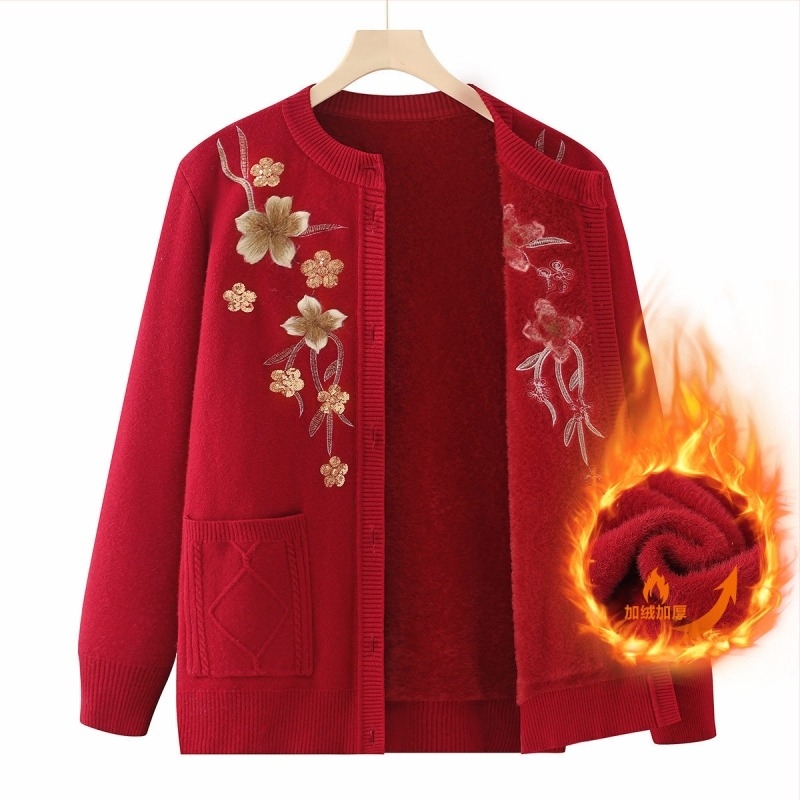 Γυναικείος cardigan με fleece επένδυση για ηλικιωμένες γυναίκες, ζεστό φθινόπωρο-χειμώνα
