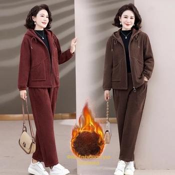 2025 Χειμερινό γυναικείο σετ με fleece επένδυση, παχύτερο, χαλαρό στυλ για γυναίκες μέσης και μεγαλύτερης ηλικίας