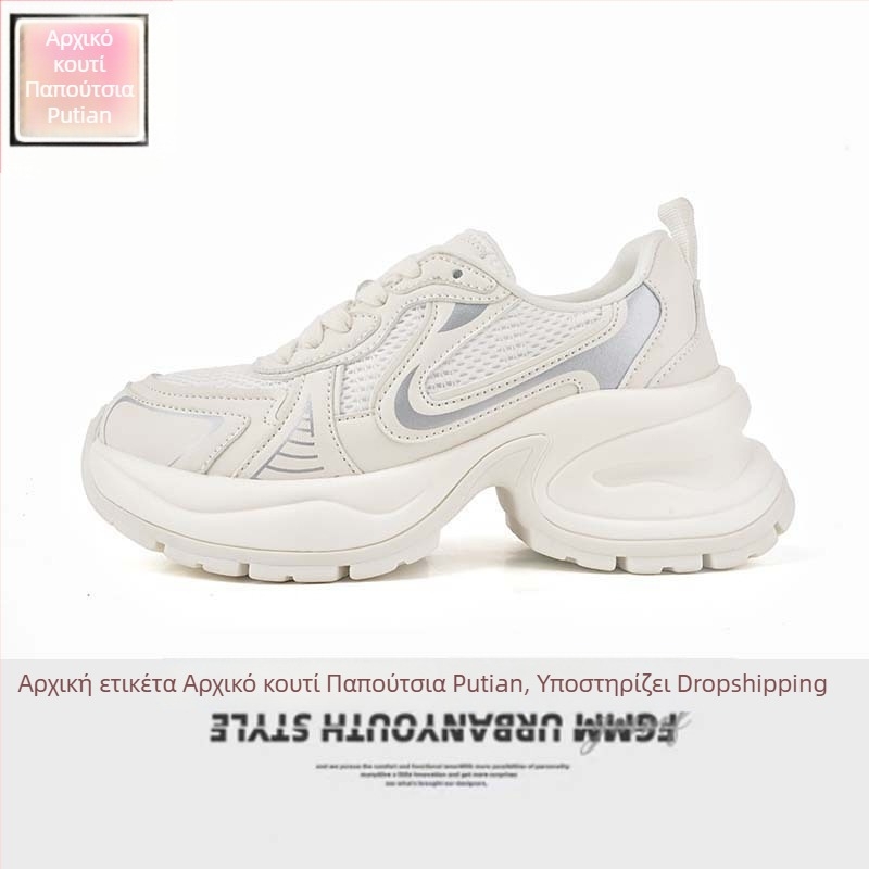 Γυναικεία αθλητικά παπούτσια τύπου dad sneakers σε ασημί χρώμα, με φαρδιά σόλα για αύξηση ύψους, εμπνευσμένα από Bailu