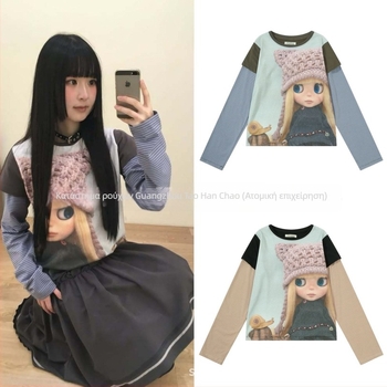 Top με εκτύπωση anime, ριγέ patchwork, ρετρό casual, slim fit, μακριά μανίκια