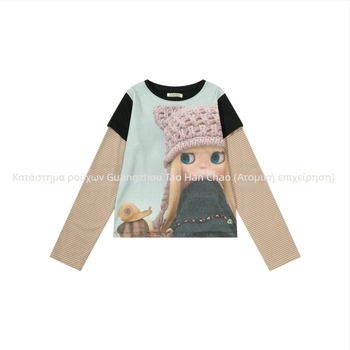 Top με εκτύπωση anime, ριγέ patchwork, ρετρό casual, slim fit, μακριά μανίκια