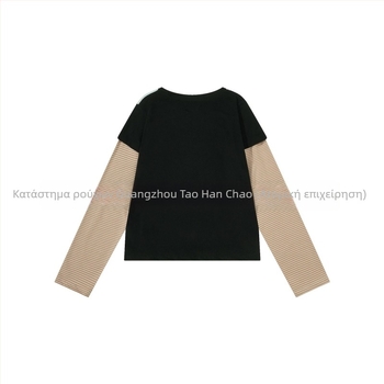 Top με εκτύπωση anime, ριγέ patchwork, ρετρό casual, slim fit, μακριά μανίκια
