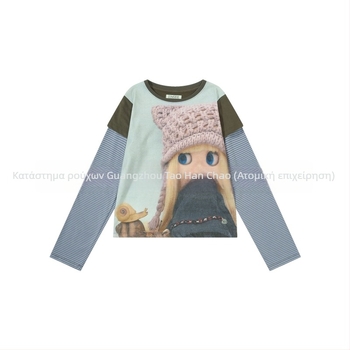 Top με εκτύπωση anime, ριγέ patchwork, ρετρό casual, slim fit, μακριά μανίκια