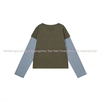 Top με εκτύπωση anime, ριγέ patchwork, ρετρό casual, slim fit, μακριά μανίκια