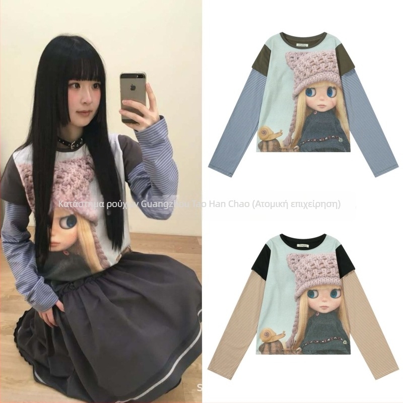 Top με εκτύπωση anime, ριγέ patchwork, ρετρό casual, slim fit, μακριά μανίκια