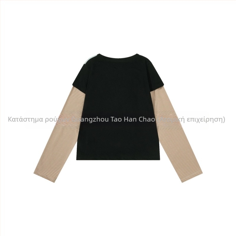 Top με εκτύπωση anime, ριγέ patchwork, ρετρό casual, slim fit, μακριά μανίκια