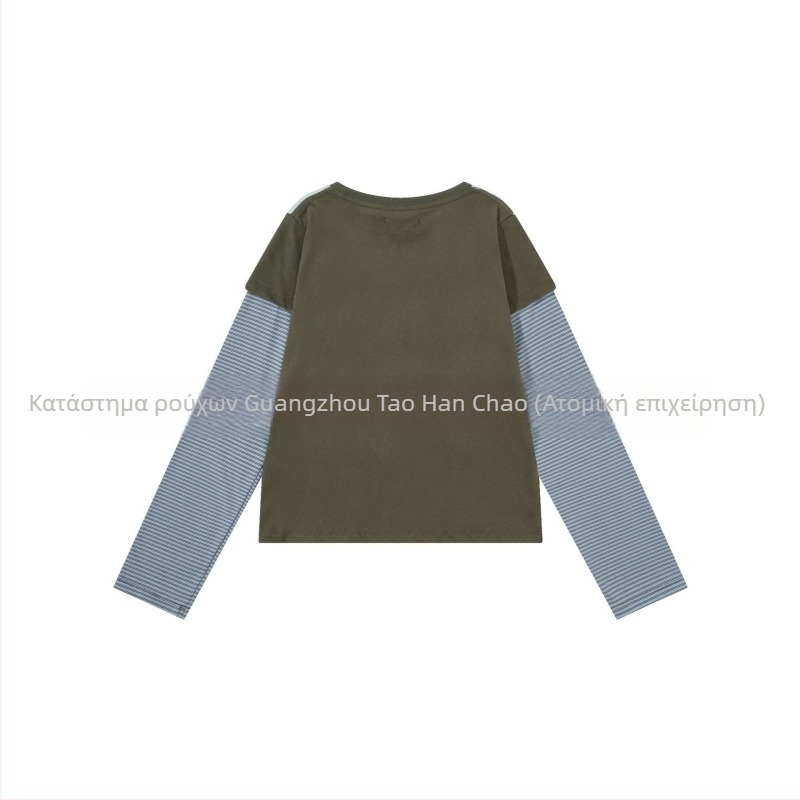 Top με εκτύπωση anime, ριγέ patchwork, ρετρό casual, slim fit, μακριά μανίκια