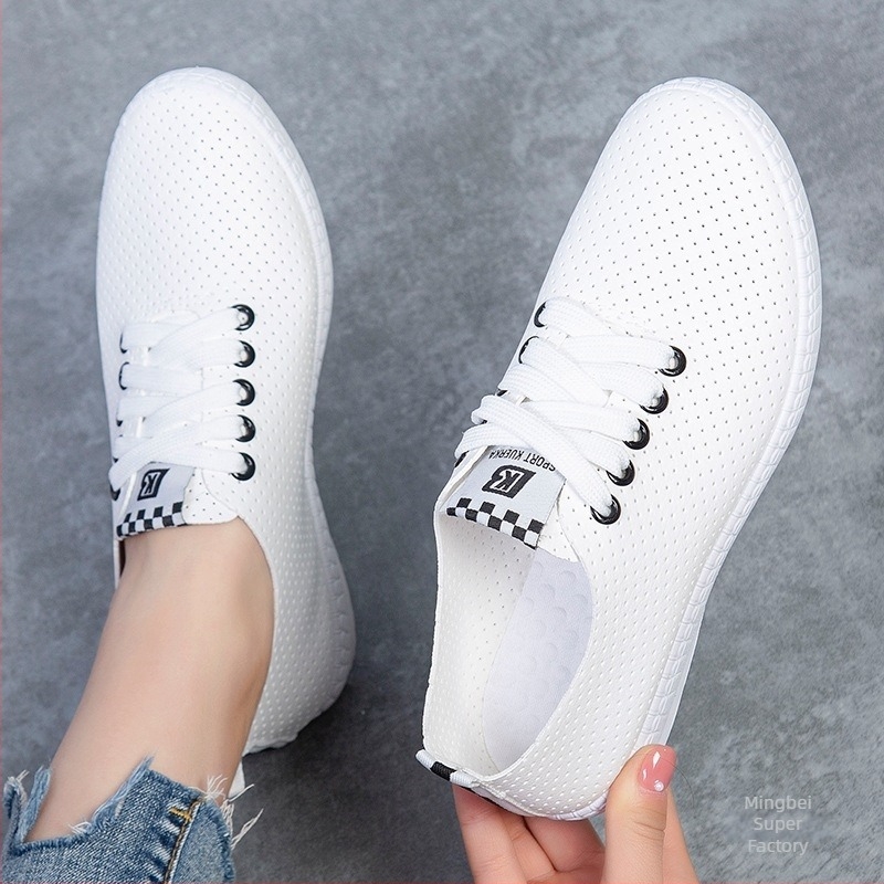 Λευκά γυναικεία sneakers 2025 καλοκαίρι, αναπνέοντα, ευέλικτα καθημερινά αθλητικά παπούτσια με μαλακή σόλα, χωρίς κορδόνια