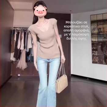 Liyuan γυναικείο T-shirt με V-λαιμό, κοντό μανίκι, γαλλικού στυλ υψηλής ποιότητας