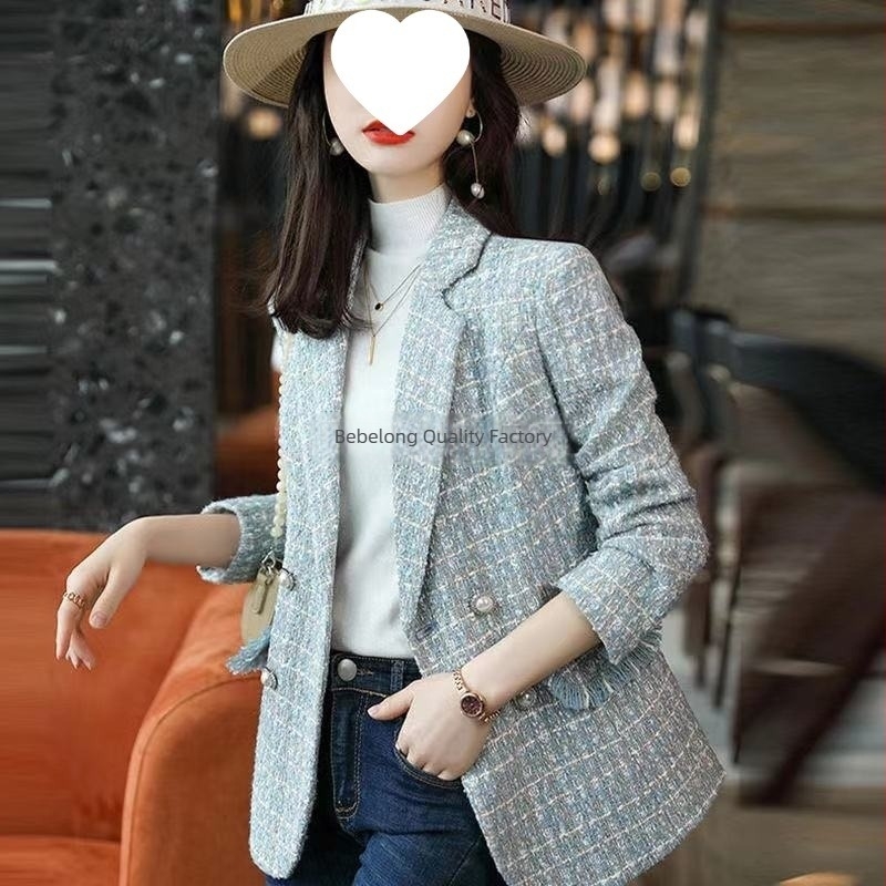 Ροζ γυναικείο σακάκι από tweed με καρό, casual blazer για μικρόσωμες φιγούρες, Άνοιξη 2026