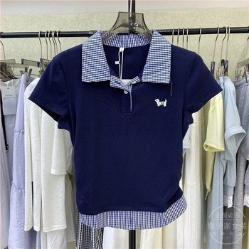 Γυναικείο T‑shirt με γιακά Polo, καρό πατςγουορκ, κοντά μανίκια, καλοκαίρι, στενή γραμμή