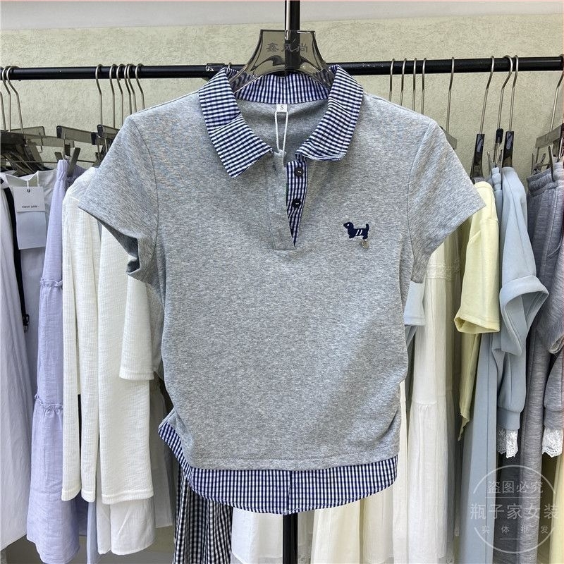 Γυναικείο T‑shirt με γιακά Polo, καρό πατςγουορκ, κοντά μανίκια, καλοκαίρι, στενή γραμμή