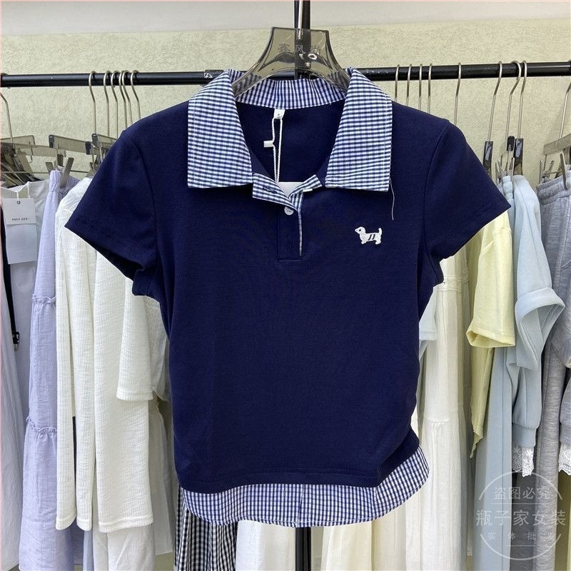 Γυναικείο T‑shirt με γιακά Polo, καρό πατςγουορκ, κοντά μανίκια, καλοκαίρι, στενή γραμμή