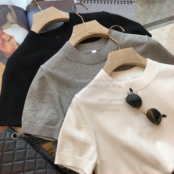 Γυναικεία πλεκτή μπλούζα T‑shirt από ultra-fine βαμβάκι, κοντά μανίκια, στρογγυλή λαιμόκοψη, μινιμαλιστικό στυλ, χαλαρή γραμμή, άνοιξη-καλοκαίρι