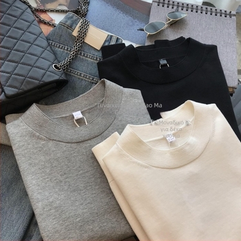 Γυναικεία πλεκτή μπλούζα T‑shirt από ultra-fine βαμβάκι, κοντά μανίκια, στρογγυλή λαιμόκοψη, μινιμαλιστικό στυλ, χαλαρή γραμμή, άνοιξη-καλοκαίρι