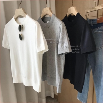 Γυναικεία πλεκτή μπλούζα T‑shirt από ultra-fine βαμβάκι, κοντά μανίκια, στρογγυλή λαιμόκοψη, μινιμαλιστικό στυλ, χαλαρή γραμμή, άνοιξη-καλοκαίρι