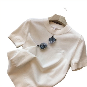 Γυναικεία πλεκτή μπλούζα T‑shirt από ultra-fine βαμβάκι, κοντά μανίκια, στρογγυλή λαιμόκοψη, μινιμαλιστικό στυλ, χαλαρή γραμμή, άνοιξη-καλοκαίρι
