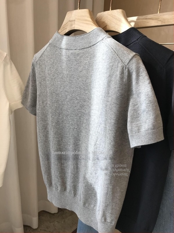Γυναικεία πλεκτή μπλούζα T‑shirt από ultra-fine βαμβάκι, κοντά μανίκια, στρογγυλή λαιμόκοψη, μινιμαλιστικό στυλ, χαλαρή γραμμή, άνοιξη-καλοκαίρι
