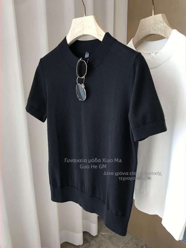 Γυναικεία πλεκτή μπλούζα T‑shirt από ultra-fine βαμβάκι, κοντά μανίκια, στρογγυλή λαιμόκοψη, μινιμαλιστικό στυλ, χαλαρή γραμμή, άνοιξη-καλοκαίρι