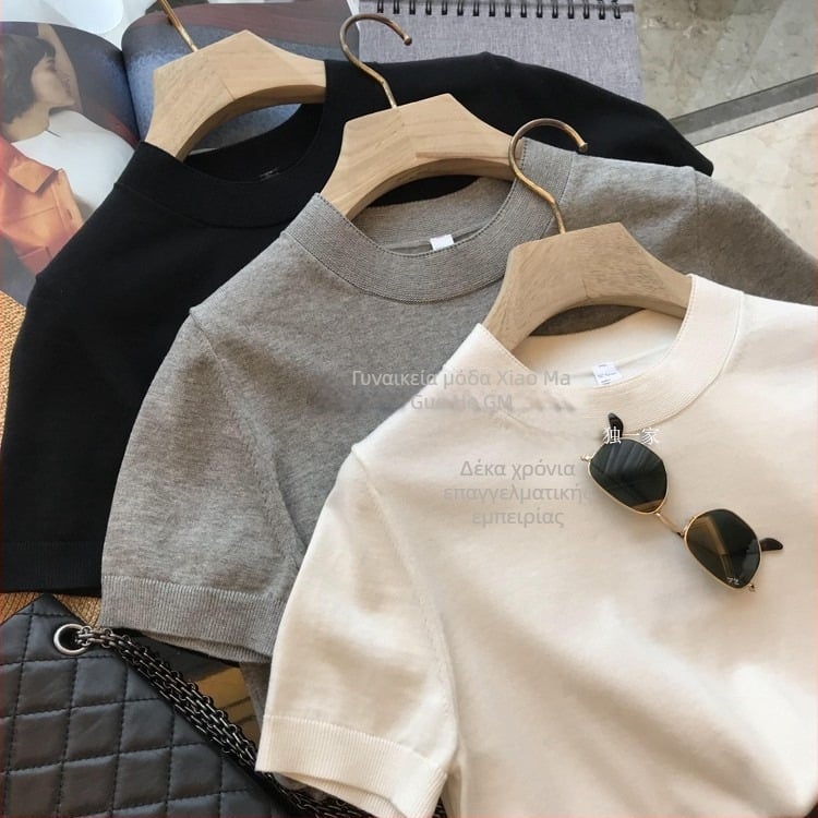 Γυναικεία πλεκτή μπλούζα T‑shirt από ultra-fine βαμβάκι, κοντά μανίκια, στρογγυλή λαιμόκοψη, μινιμαλιστικό στυλ, χαλαρή γραμμή, άνοιξη-καλοκαίρι
