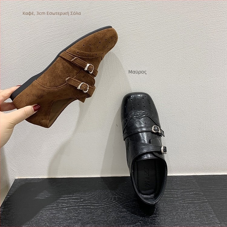 Γυναικείοι loafers με εσωτερικό ύψος, ρετρό γκρι με γούνα επένδυση για φθινόπωρο-χειμώνα