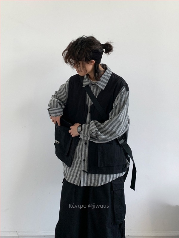 Cityboy Ιαπωνικού στυλ ρετρό patchwork πουκάμισο-ζακέτα, ριγέ, χαλαρή εφαρμογή