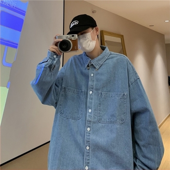 Ανδρικό denim πουκάμισο με μακριά μανίκια, μονόχρωμο, φθινοπωρινό κορεάτικο στυλ, χαλαρή γραμμή, έμπνευση από το Χονγκ Κονγκ.