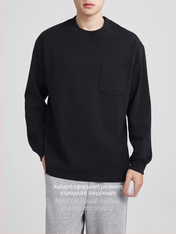 Momax ανδρικό T-shirt από βαμβάκι με στρογγυλό λαιμό, μακριά μανίκια, 2026 άνοιξη — νέο στυλ, απλό σχέδιο με τσέπη, βασικό T-shirt για άνδρες 75170