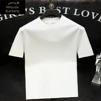 Ανδρικό βαμβακερό T‑shirt με στρογγυλό λαιμό, κοντομάνικο, μονόχρωμο με γεωμετρικό εκτύπωμα, καλοκαίρι 2026