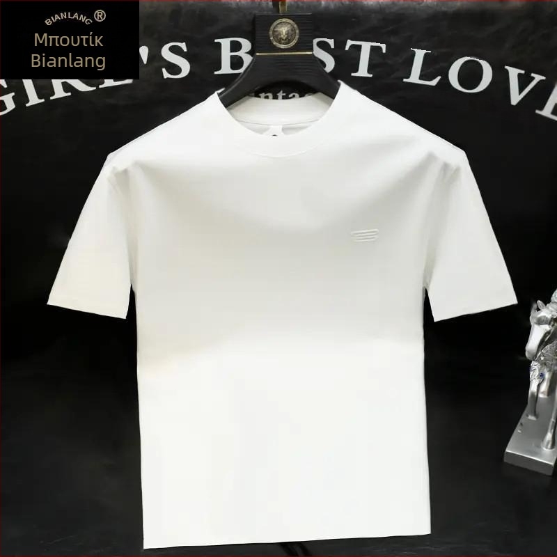 Ανδρικό βαμβακερό T‑shirt με στρογγυλό λαιμό, κοντομάνικο, μονόχρωμο με γεωμετρικό εκτύπωμα, καλοκαίρι 2026