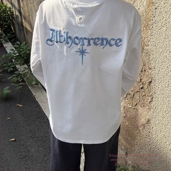 Ανδρική μακρυμάνικη T‑shirt με στρογγυλή λαιμόκοψη, κεντημένο σύνθημα σε αμερικανικό street style, νέο μοντέλο αρχών φθινοπωρίου, χαλαρή γραμμή, για ζευγάρια