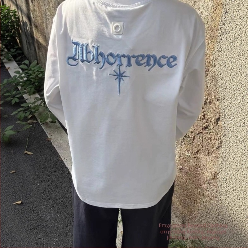 Ανδρική μακρυμάνικη T‑shirt με στρογγυλή λαιμόκοψη, κεντημένο σύνθημα σε αμερικανικό street style, νέο μοντέλο αρχών φθινοπωρίου, χαλαρή γραμμή, για ζευγάρια