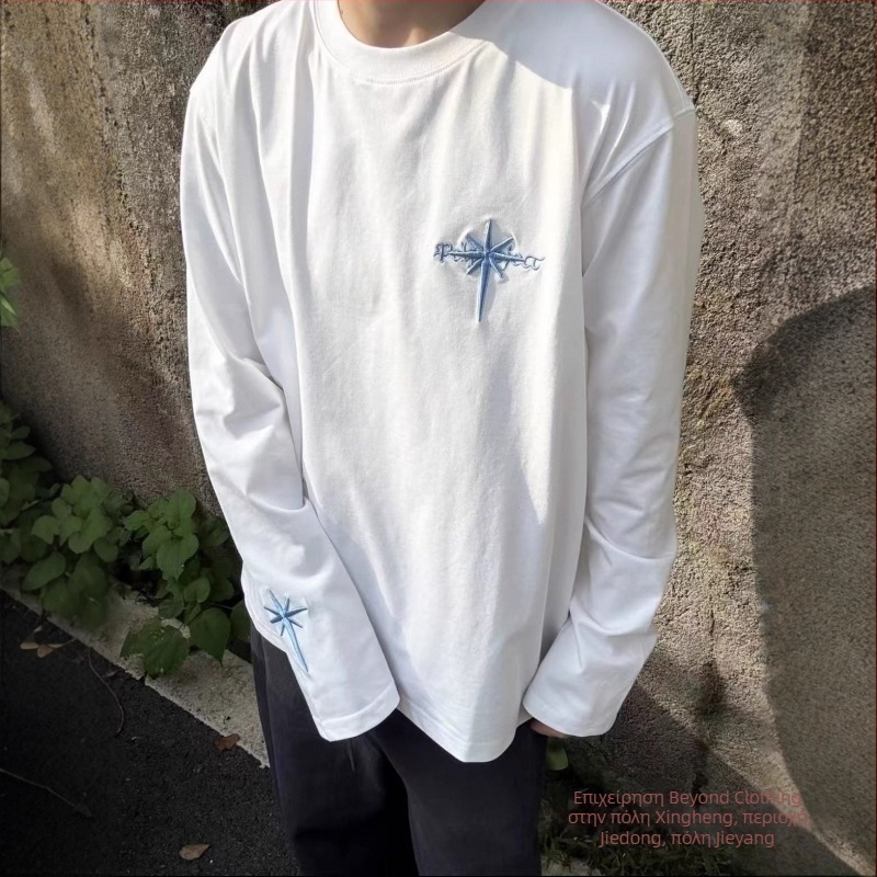 Ανδρική μακρυμάνικη T‑shirt με στρογγυλή λαιμόκοψη, κεντημένο σύνθημα σε αμερικανικό street style, νέο μοντέλο αρχών φθινοπωρίου, χαλαρή γραμμή, για ζευγάρια