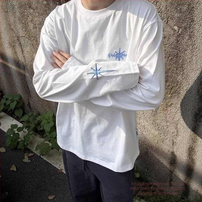 Ανδρική μακρυμάνικη T‑shirt με στρογγυλή λαιμόκοψη, κεντημένο σύνθημα σε αμερικανικό street style, νέο μοντέλο αρχών φθινοπωρίου, χαλαρή γραμμή, για ζευγάρια