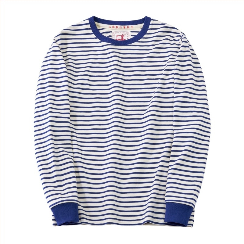 Ανδρικό T-Shirt με ρίγες μπλε-λευκές, 100% βαμβάκι, βαρύ ύφασμα, μακρυμάνικο, στρογγυλός λαιμός, casual.