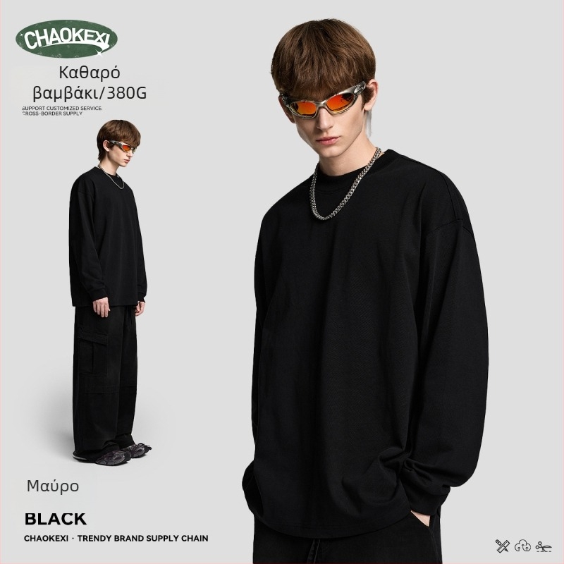 CHAOKEXI βαμβακερή μακρυμάνικη T‑shirt, χαλαρή εφαρμογή, μονόχρωμη, στρογγυλός λαιμός, εξατομικευμένος σχεδιασμός