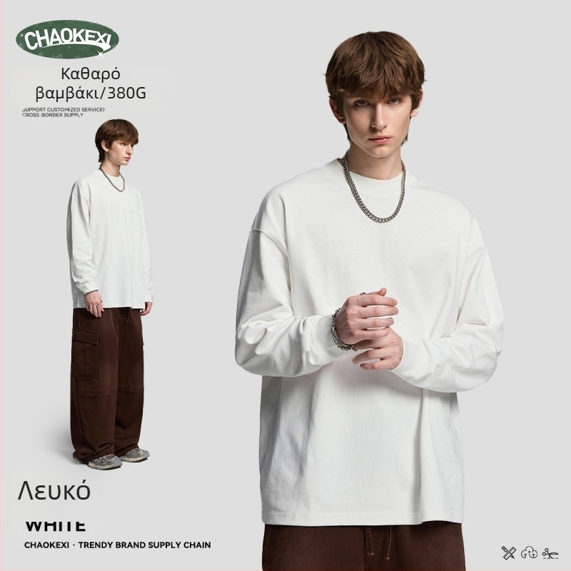 CHAOKEXI βαμβακερή μακρυμάνικη T‑shirt, χαλαρή εφαρμογή, μονόχρωμη, στρογγυλός λαιμός, εξατομικευμένος σχεδιασμός