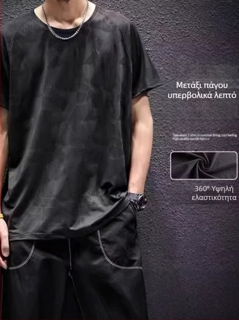 Αντρικό T‑shirt με κοντά μανίκια, premium ελαφρύ δίκτυο, διαπνέον μονόχρωμο casual top με Ice Silk γρήγορο στέγνωμα